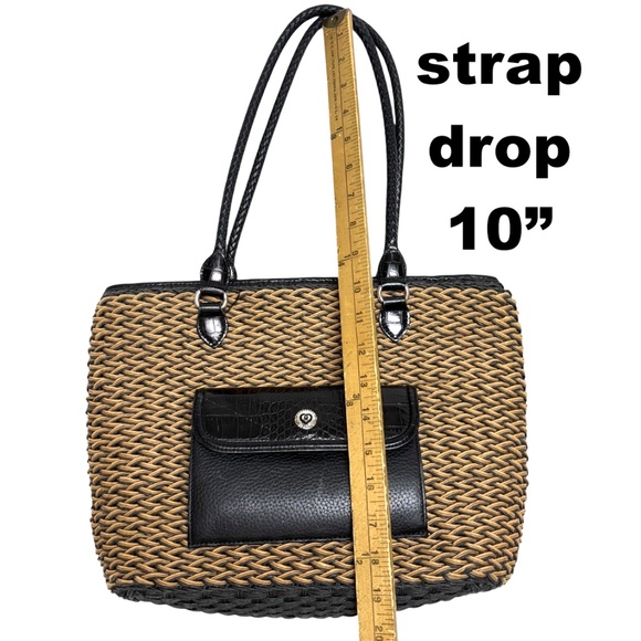 bag BRIGHTON black tan woven leather jute shoulder pockets preppy classic tote - Picture 8 of 16